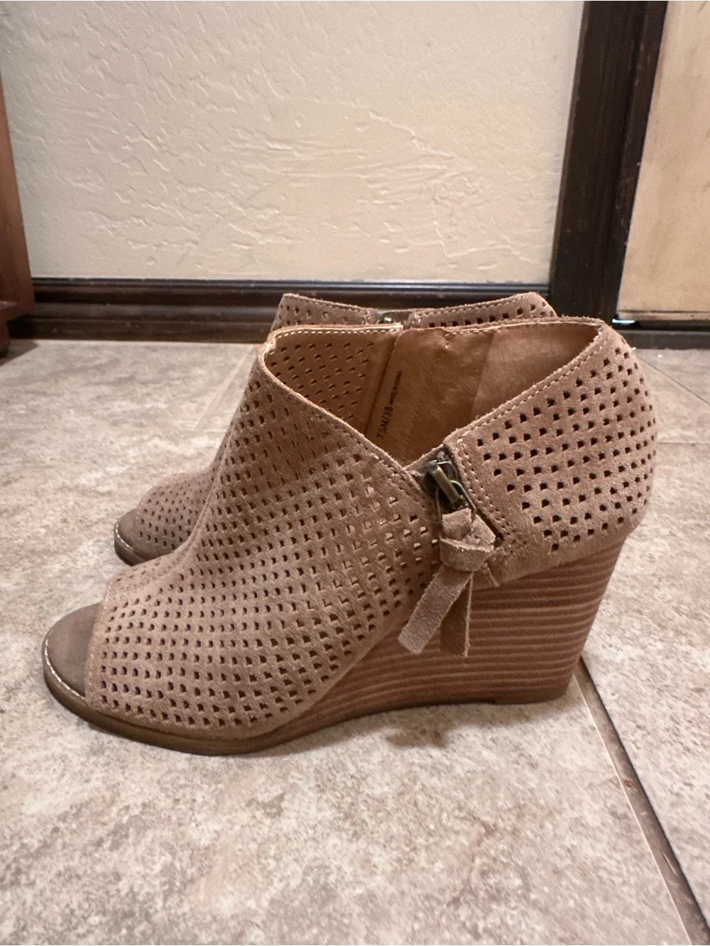 Lucky Brand Taupe Perforated Suede Wedge Booties with Side Bow